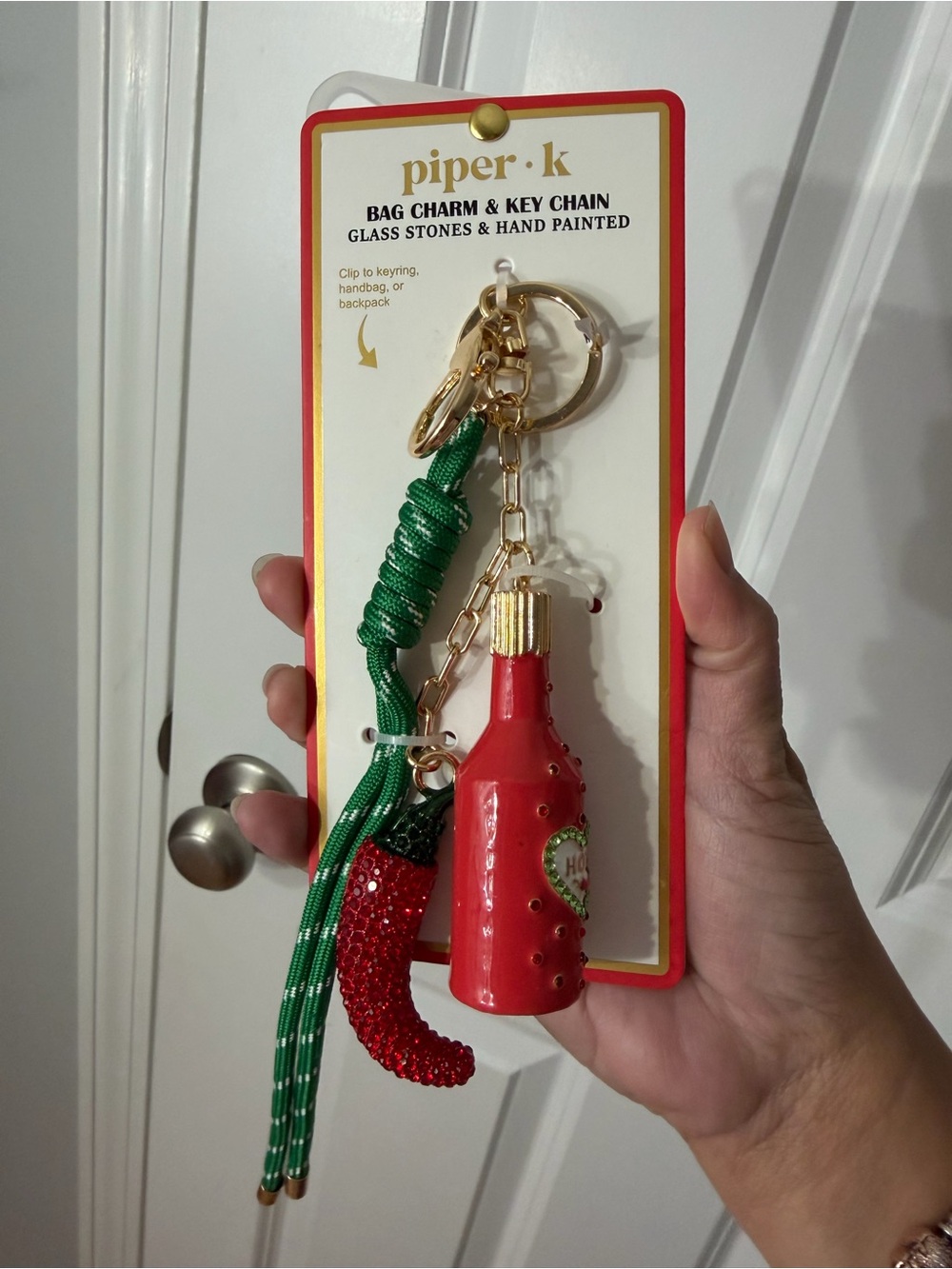 piper•k Red Bottle & Green Tassel Keychain Bag Charm